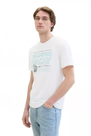T-shirt uni en coton avec impression devant Tom Tailor