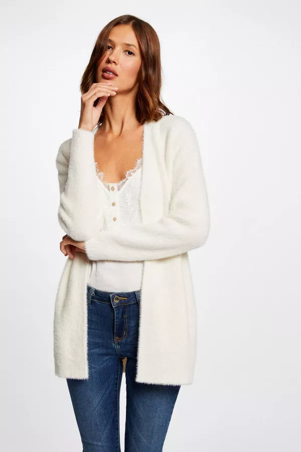 Cardigan uni mi-long duveteux Morgan