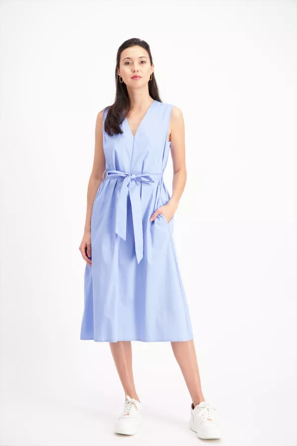 Robe longue unie en coton stretch avec ceinture à nouer Signe Nature