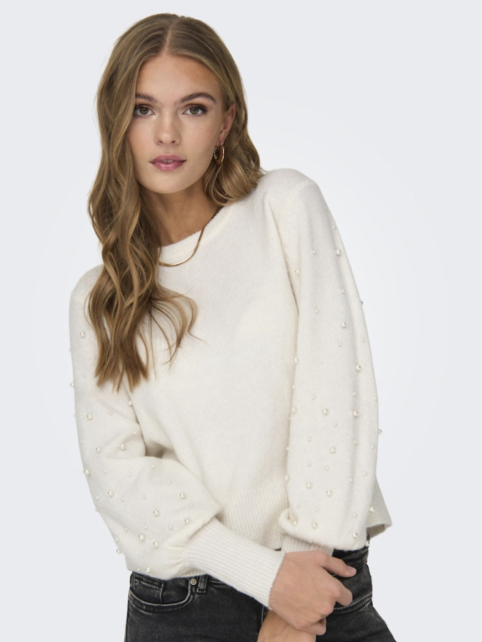 Pull uni manches longues avec perles Only