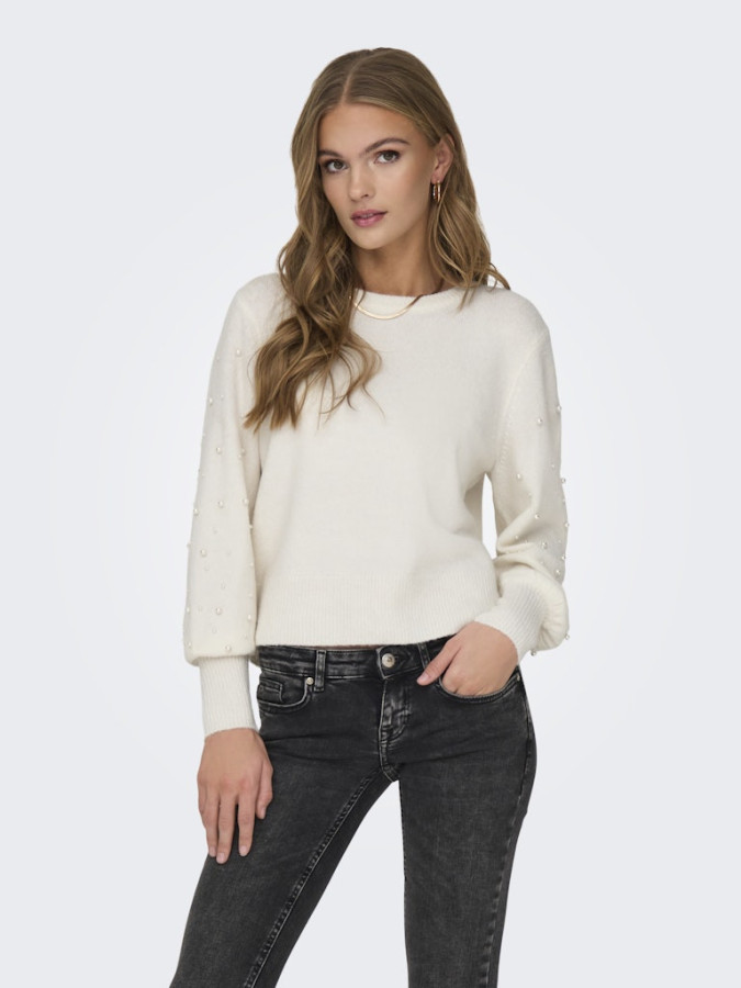 Pull uni manches longues avec perles Only