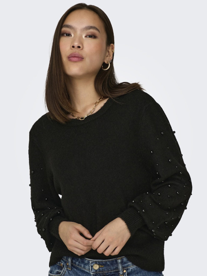 Pull uni manches longues avec perles Only