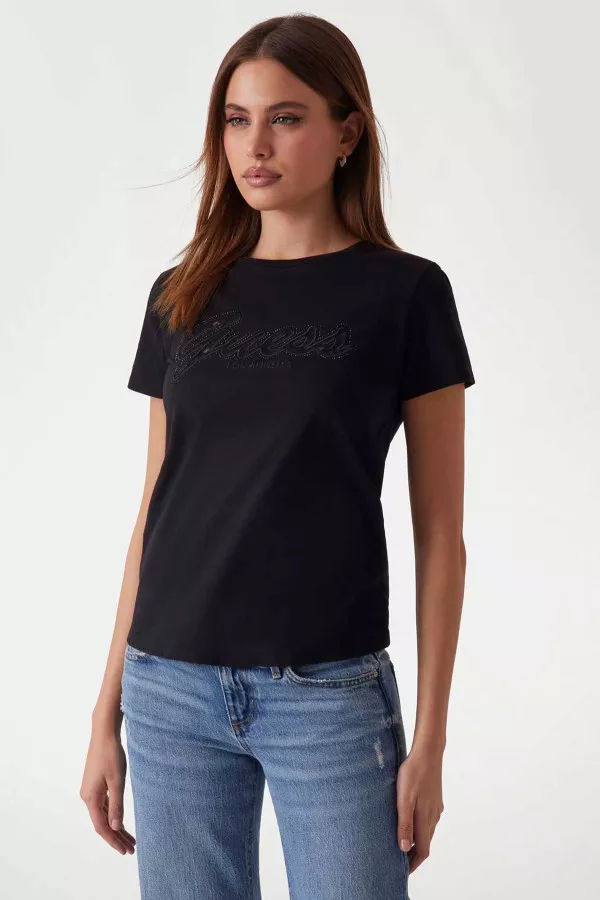 T-shirt uni en coton avec broderie et strass devant Guess